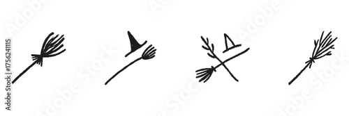 Broomstick And Witch Hat Line Icon Set In Doodle Style. Magical Tools, Halloween Symbols, And Witchcraft Elements Outline Sketch Collection. Hand Drawn Isolated Vector Illustration