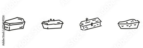 Coffin Line Icon Set In Doodle Style. Funeral, Burial, And Death Symbolism Outline Sketch Collection. Mortuary And Memorial Services Representation. Hand Drawn Isolated Vector Illustration