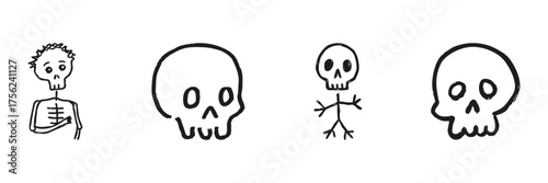 Skeleton And Skull Line Icon Set In Doodle Style. Halloween, Anatomy, And Mortality Symbolism Outline Sketch Collection. Hand Drawn Isolated Vector Illustration