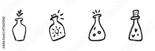 Potion Bottles Line Icon Set In Doodle Style. Magic Elixirs, Alchemy, And Fantasy Potions Outline Sketch Collection. Hand Drawn Isolated Vector Illustration
