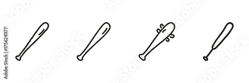 Baseball Bat Line Icon Set In Doodle Style. Sports Equipment, Recreation, And Team Sports Outline Sketch Collection. Hand Drawn Isolated Vector Illustration