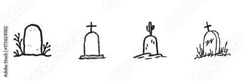 Gravestone Line Icon Set In Doodle Style. Memorial, Remembrance, And Cemetery Symbol Outline Sketch Collection. Funeral And Mourning Theme. Hand Drawn Isolated Vector Illustration