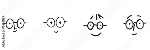 Four Cartoon Faces With Glasses Line Icon Set In Doodle Style. Expressive Facial Expressions And Emotions Outline Sketch Collection. Hand Drawn Isolated Vector Illustration