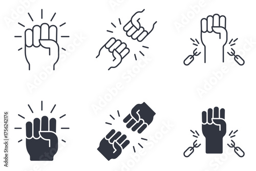 Vector icons of raised fists, broken chains, unity hands. Symbol of protest, strength, freedom, and justice. Includes outline and solid styles. Editable stroke set. Perfect for activism themes.