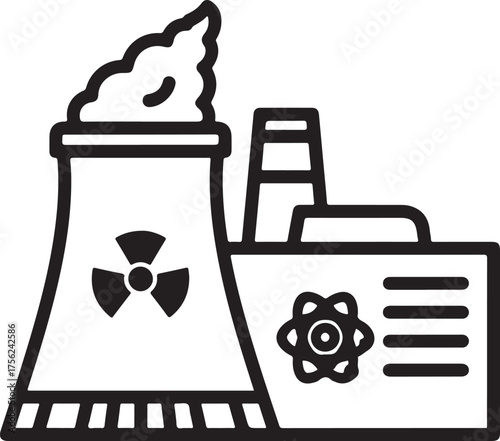 nuclear power plant vector icon with a cooling tower emitting steam, symbolizing energy production and potential environmental concerns outline icon on