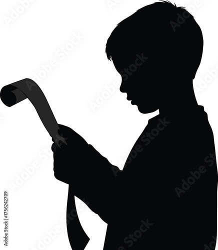 Wallpaper Mural Child examining paper strip silhouette cartoon illustration, symbolic curiosity and expressive gesture artwork for lifestyle and emotional design Torontodigital.ca