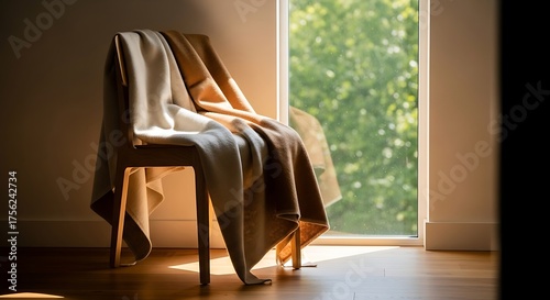 Cozy Blanket Draped Over Wooden Chair Near Sunlit Glass Door in Modern Interior