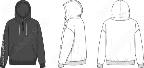 Unisex pullover hoodie front side and back technical sketch, modern casual sweatshirt CAD drawing flat vector fashion illustration design