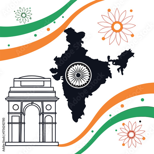 India map and India Gate with Indian flag colors Indian map