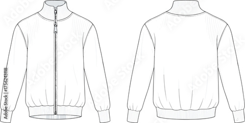 Bomber jacket fashion technical flat, zip front sweatshirt CAD template, ribbed collar cuffs hem, garment vector illustration drawing design