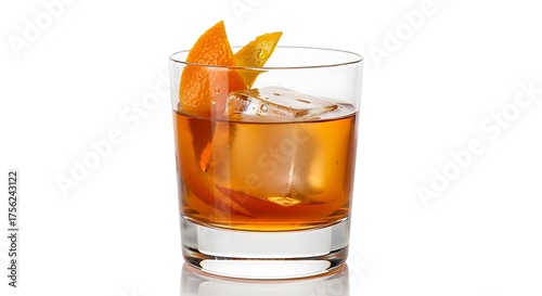 Classic old fashioned cocktail with orange peel garnish on a white background