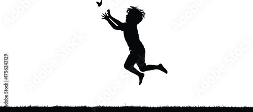 Wallpaper Mural Child jumping to catch butterfly silhouette cartoon illustration, symbolic joy and expressive gesture artwork for lifestyle and emotional design Torontodigital.ca