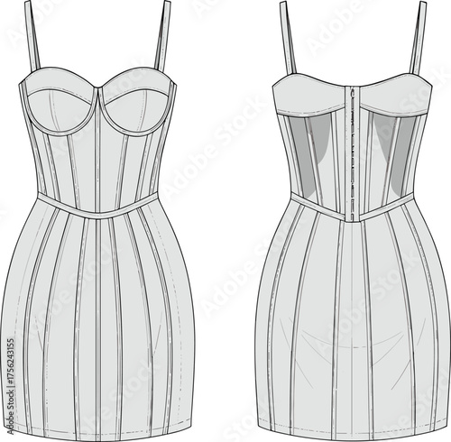 Corset mini dress technical fashion flat, fitted bodycon bustier CAD template front and back view, garment vector illustration drawing