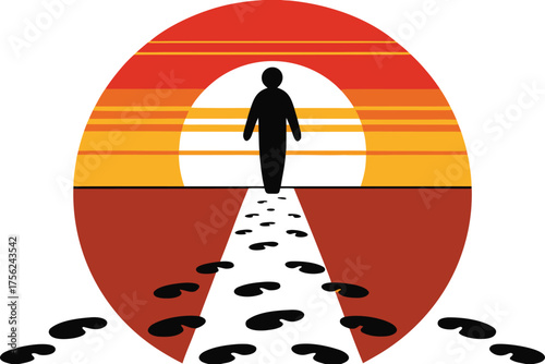 Silhouette person walking on footprints towards sunset