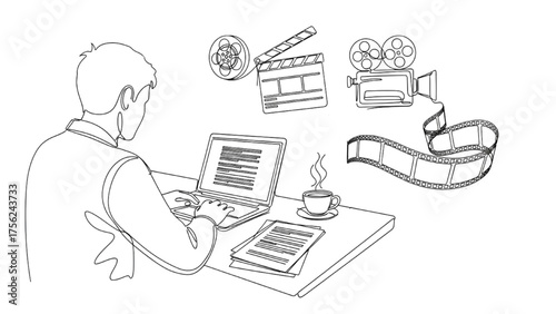 High-Quality Continuous Black Line Art of Writer Working at Desk with Papers, Laptop, and Coffee – Screenplay Development and Cinematography Concept Icons