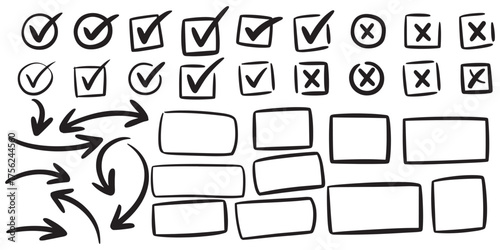 Collection of hand drawn checkmarks boxes and arrows in black ink on white background