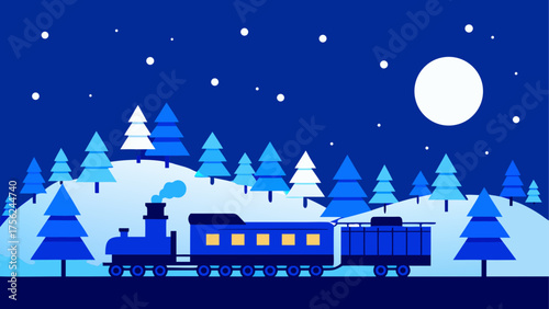 Night train passing through snowy forest