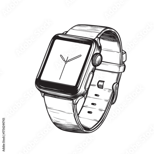 hand drawn outline line art illustration of smartwatch with a sleek digital face