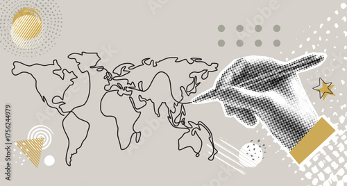 Trendy halftone collage. Hand draws a world globe map. Modern photo collage style. Vector illustration