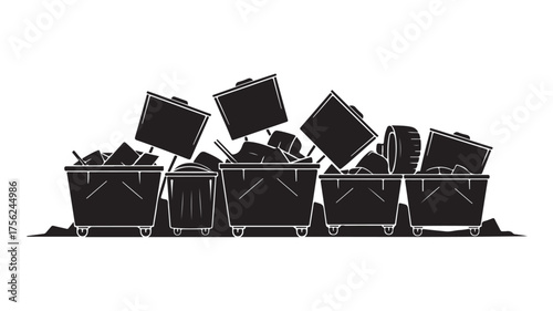 Overflowing dumpster bins packed with assorted waste and discarded tires creating a visual representation of urban clutter and environmental challenges