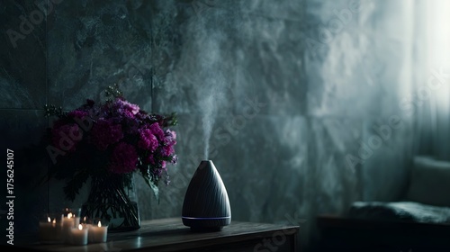 Atmospheric spa room scene featuring an aroma diffuser emitting mist purple flowers and softly glowing candles