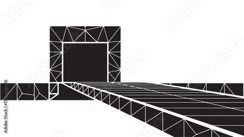 Abstract architectural structure with geometric patterns and a pathway leading to an entrance, evoking modern design and innovation for conceptual projects