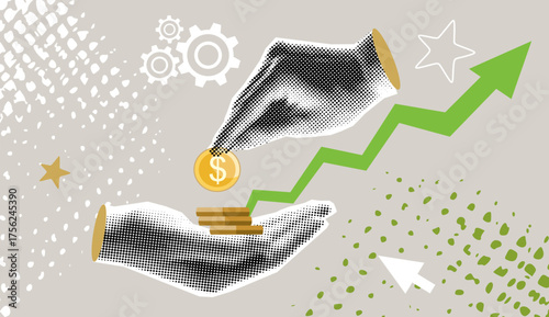 Trendy halftone collage of business concept.Vector illustration of finance, money, banking, profit, investment. Vector illustration of business, web banner, social media banner, marketing material.
