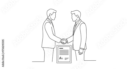 Two businessmen shaking hands over a signed contract.