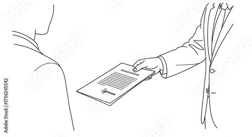 A black and white line drawing of a hand giving a document.