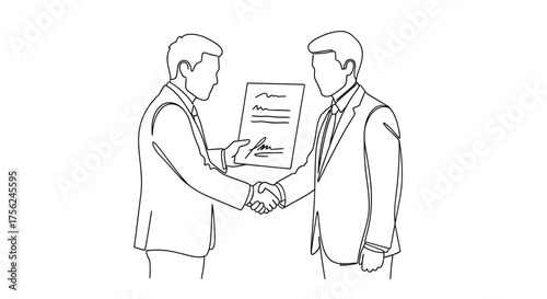 Two businessmen shaking hands over a signed document symbolizing agreement and partnership.