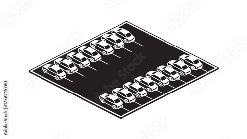 Modern isometric parking lot showcasing neat rows of white cars ready for use, perfect for urban planning concepts or transportation themes.