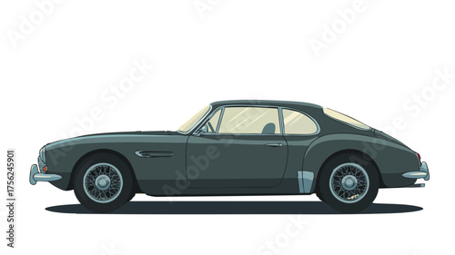 Side profile of a classic dark grey vintage sports car with a sleek design and chrome details on a white background, an elegant automobile.