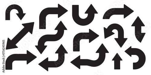 Collection of black arrow icons showing different directions and curves on a white background