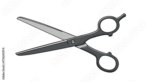 Open scissors with black handles and silver blades on a white background.