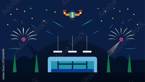 Drone show with fireworks and stage lights