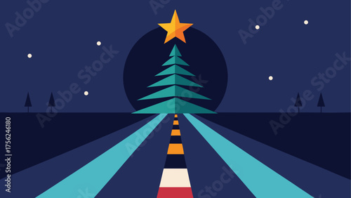 Christmas tree with star on a night road