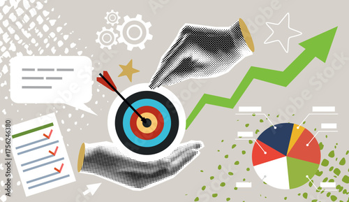 Halftone hands holding target with an arrow in the center. Modern collage. Successful business concept. Reach the goal. Darts in hand. Trendy newspaper cut out paper elements
