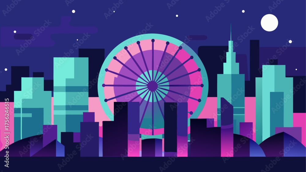 Fototapeta premium Cityscape illustration with ferris wheel