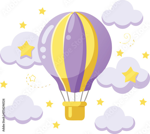 Hot air balloons fly high in the sky over a summer landscape, a colorful illustration of freedom and adventure. Whimsical purple and yellow hot air balloon amongst clouds and stars