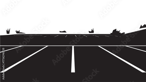 Modern minimalist cityscape view with empty black asphalt parking lot and white lines leading towards distant buildings under a cloudy sky