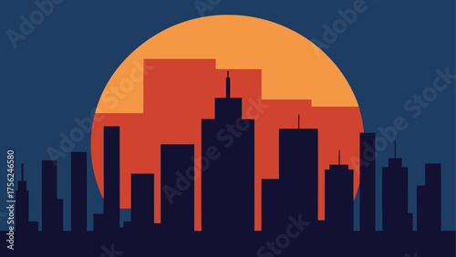 Cityscape silhouette against sunset scene