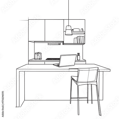 black and white hand drawn vector outline of laptop on a modern kitchen island
