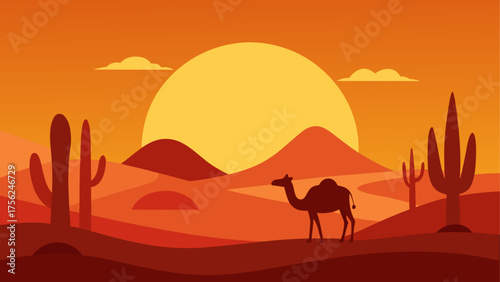 Camel walking through desert at sunset time