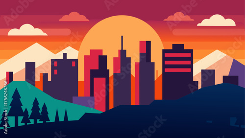 Cityscape silhouette with sunset backdrop