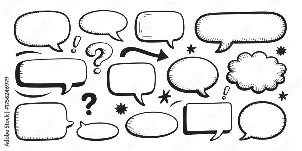 Obraz premium Hand drawn collection of various speech bubbles and question marks in doodle style