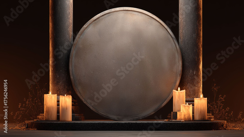 Candles are placed beside columns, with columns supporting a large circle. The circle stands between the columns, with warm candlelight on the circle. Shadows from candles cover the columns, circle