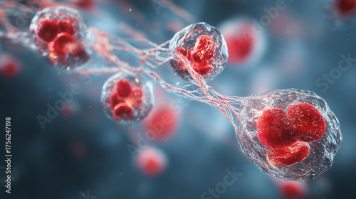 Blood cells are suspended in liquid, with each blood cell surrounded by a clear membrane. The membrane encases the blood cells as they float within the liquid. Threads connect the blood cells