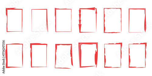 Collection of twelve distressed rectangular frames with rough textured edges and a reddish orange hue on a white background