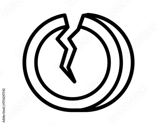 Hand drawn cute outline illustration of broken coin. Flat vector damaged money with crack line art sticker doodle. Exchange rate fall or inflation. Debt or credit symbol. Financial crisis. Isolated.