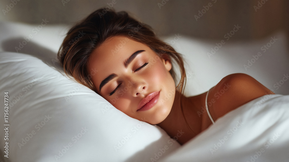 Fototapeta premium Peaceful slumber with a radiant glow and serene expression perfect for wellness and relaxation ads or sleeprelated campaigns
